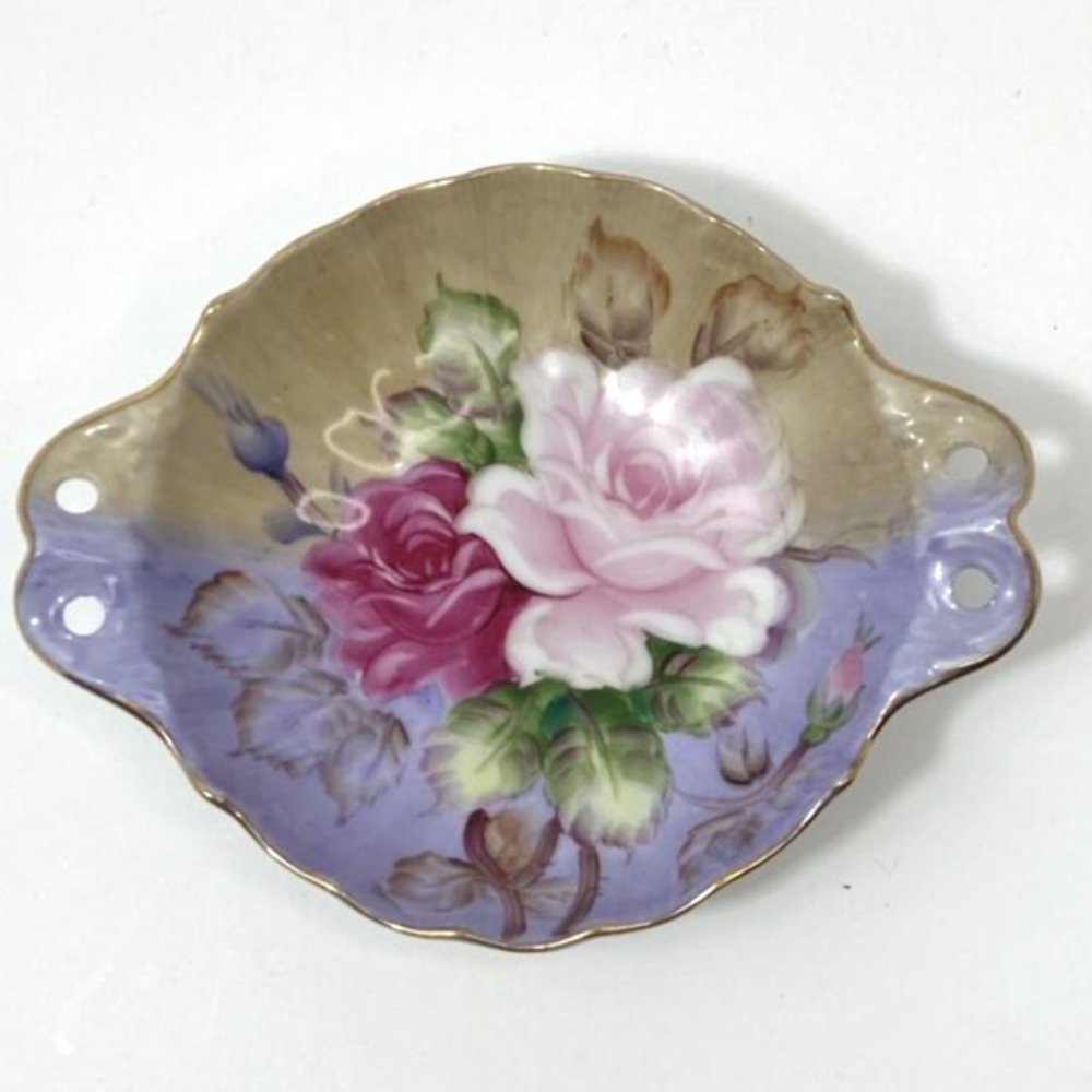 1940s Lefton Hand Painted Dual Tan Periwinkle Rose Bloom 6.5" Nut Bon Bon Dish